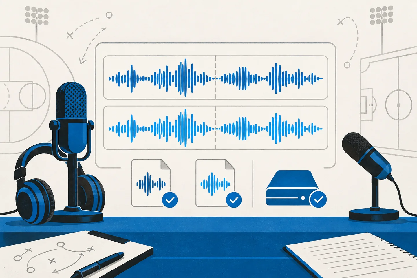 Blue microphones and headphones beside two separate audio waveforms, checked audio files and a backup drive on a cream sports press desk.