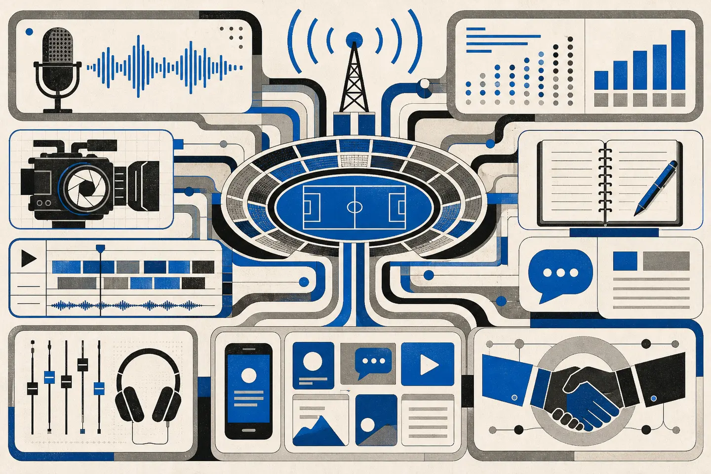 Abstract cream and blue editorial illustration connecting a sports field with broadcasting, video, audio, analytics, writing, social media, and partnership symbols.