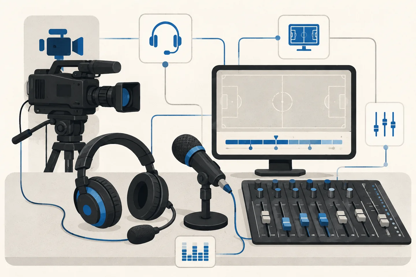 Cream-and-blue illustration of a broadcast camera, commentary headset, desk microphone, audio mixer and monitor displaying a sports pitch and replay timeline.