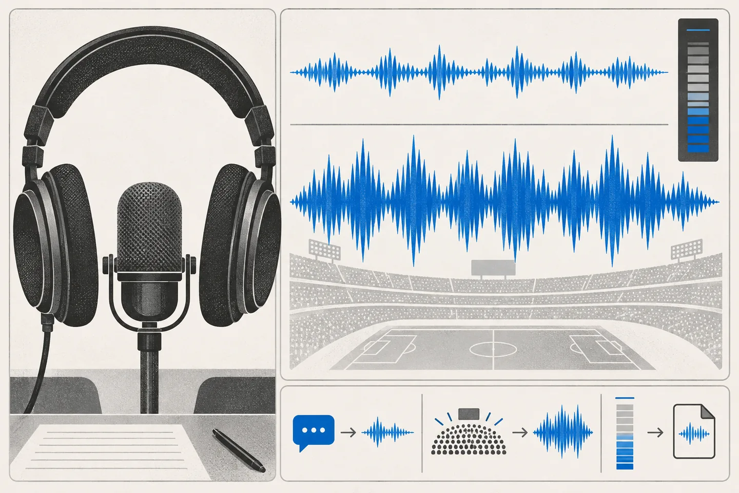 Cream and blue illustration of headphones and a microphone beside speech and crowd waveforms, an abstract stadium, and audio peak meters.