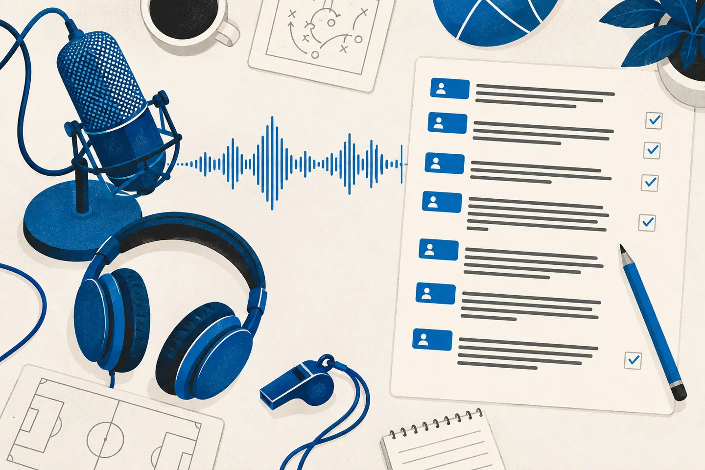 Blue microphone and headphones beside an audio waveform and transcript sheet with speaker markers, proofreading checks, a pencil and sports field diagrams on cream paper.