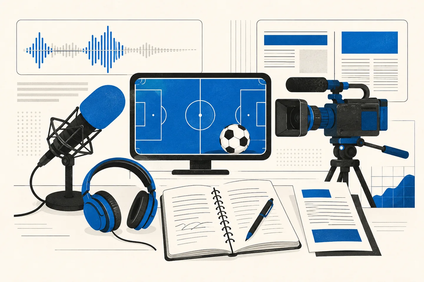 Blue and cream illustration of a sports reporting desk with microphone, headphones, video camera, notebook and a monitor showing a football pitch, surrounded by waveform and news-page motifs.