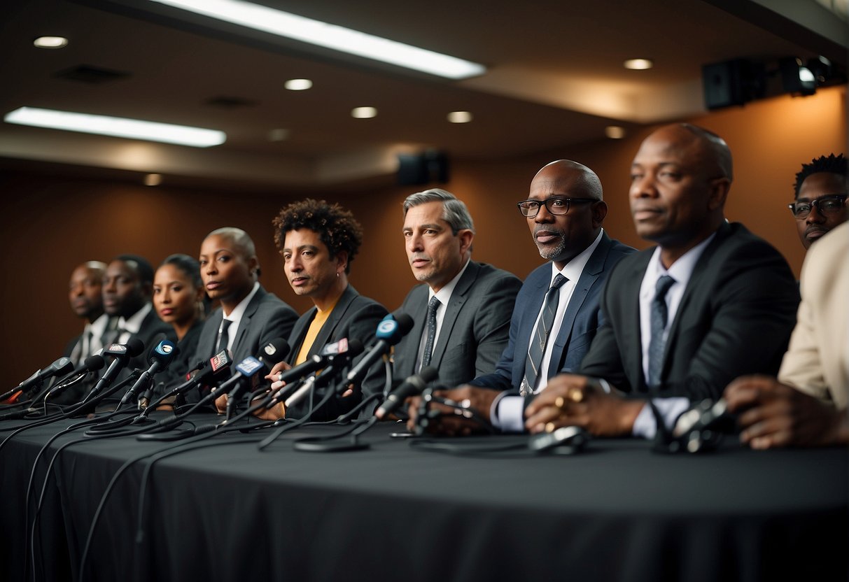 A group of influential Black sports journalists gather for a panel discussion, surrounded by microphones and cameras