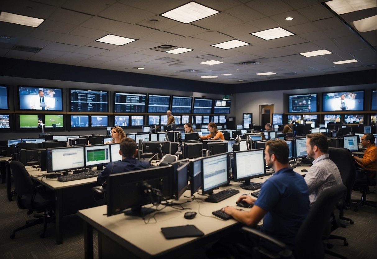 A bustling sports newsroom with reporters typing, cameras flashing, and editors discussing headlines