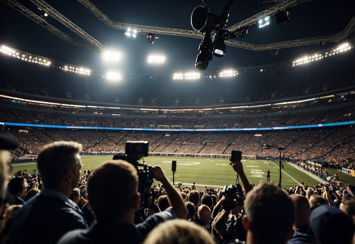 A crowded sports arena with banners and logos, journalists with microphones, and cameras capturing the action on the field
