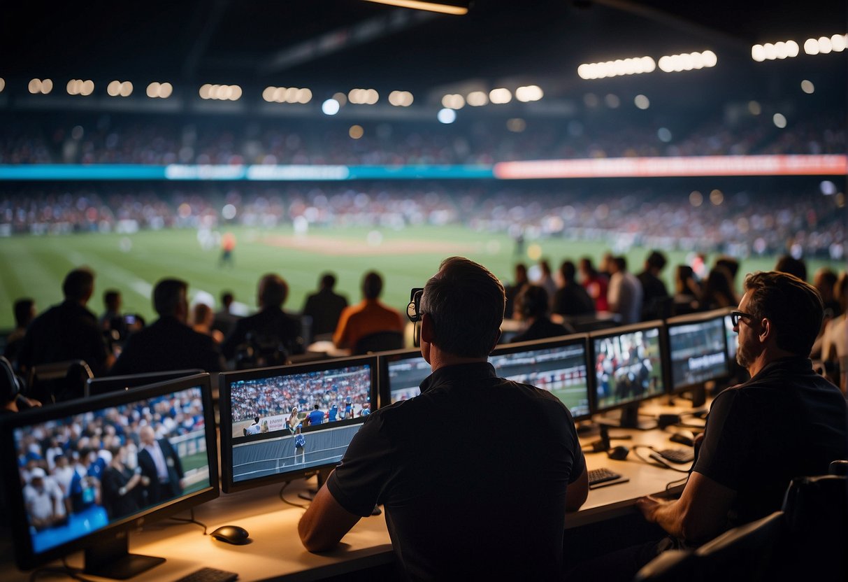 A crowded press box at a major sporting event, with journalists typing furiously and cameras flashing