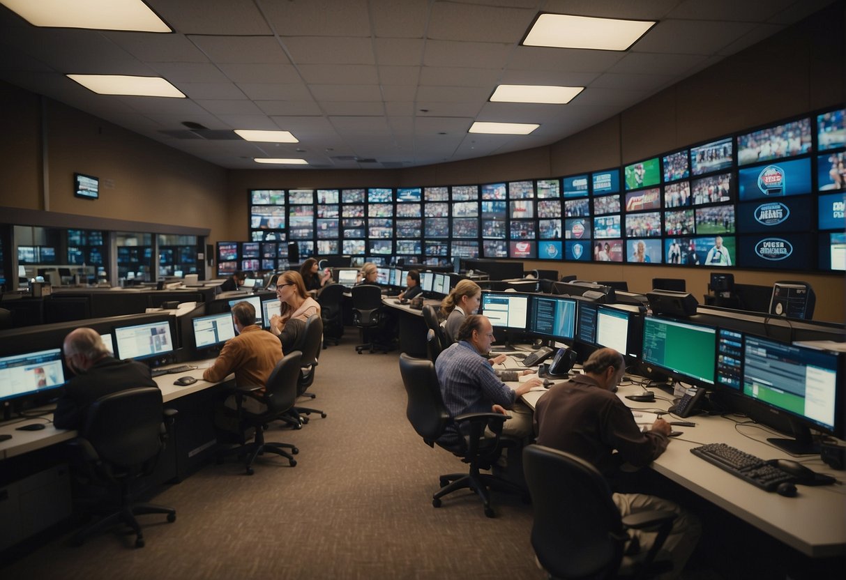 A bustling newsroom with journalists typing, cameras flashing, and sports memorabilia decorating the walls. A sense of urgency and excitement fills the air