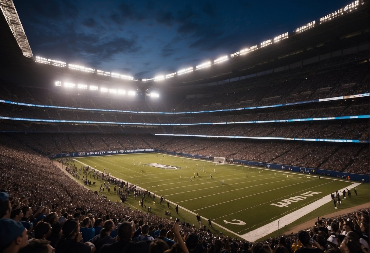 A crowded stadium with bright lights, cheering fans, and athletes in action on the field, with the HBO Sports logo prominently displayed