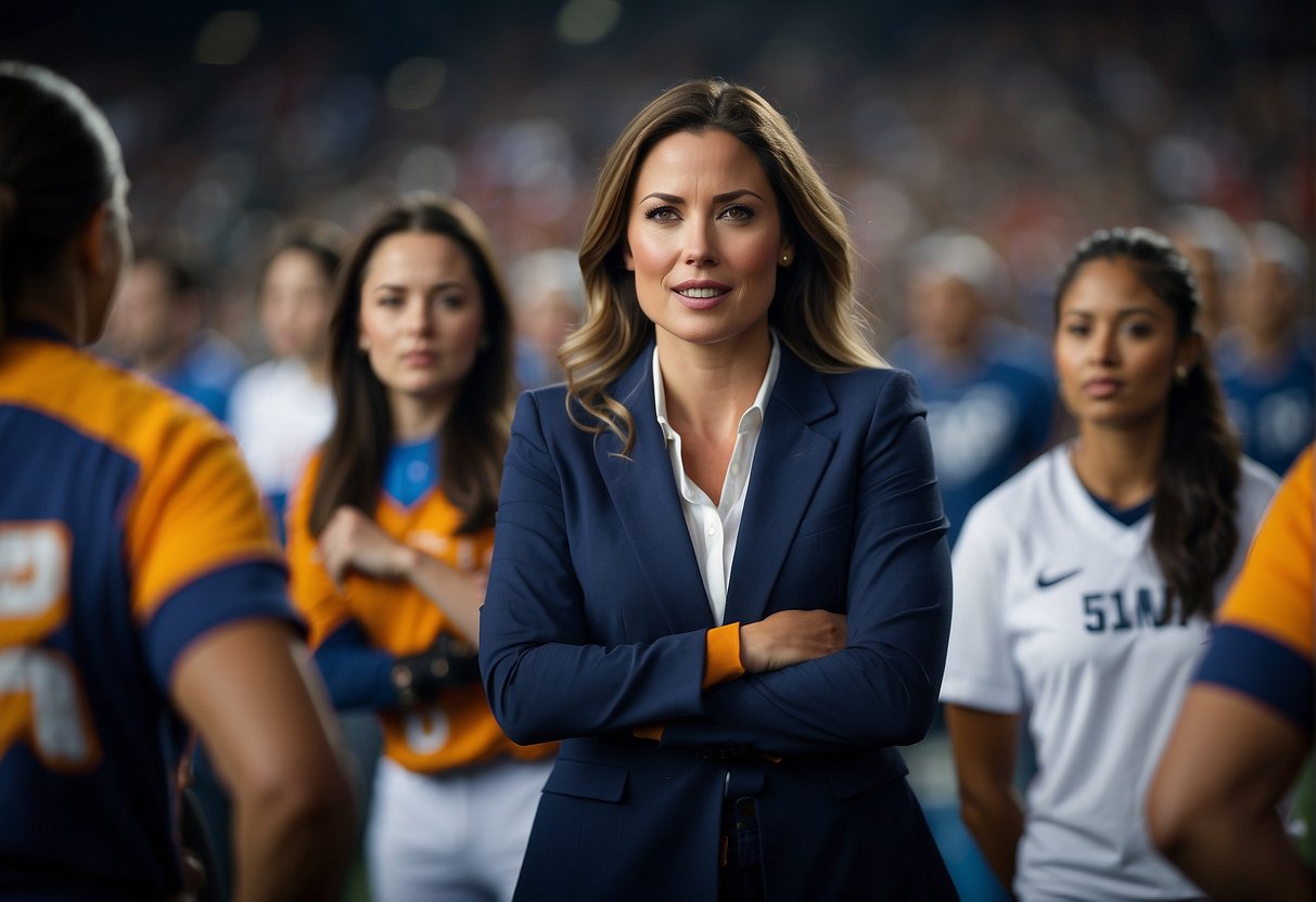 Female sports journalists breaking barriers, reporting from the frontlines, challenging stereotypes. Impactful, powerful, and inspiring