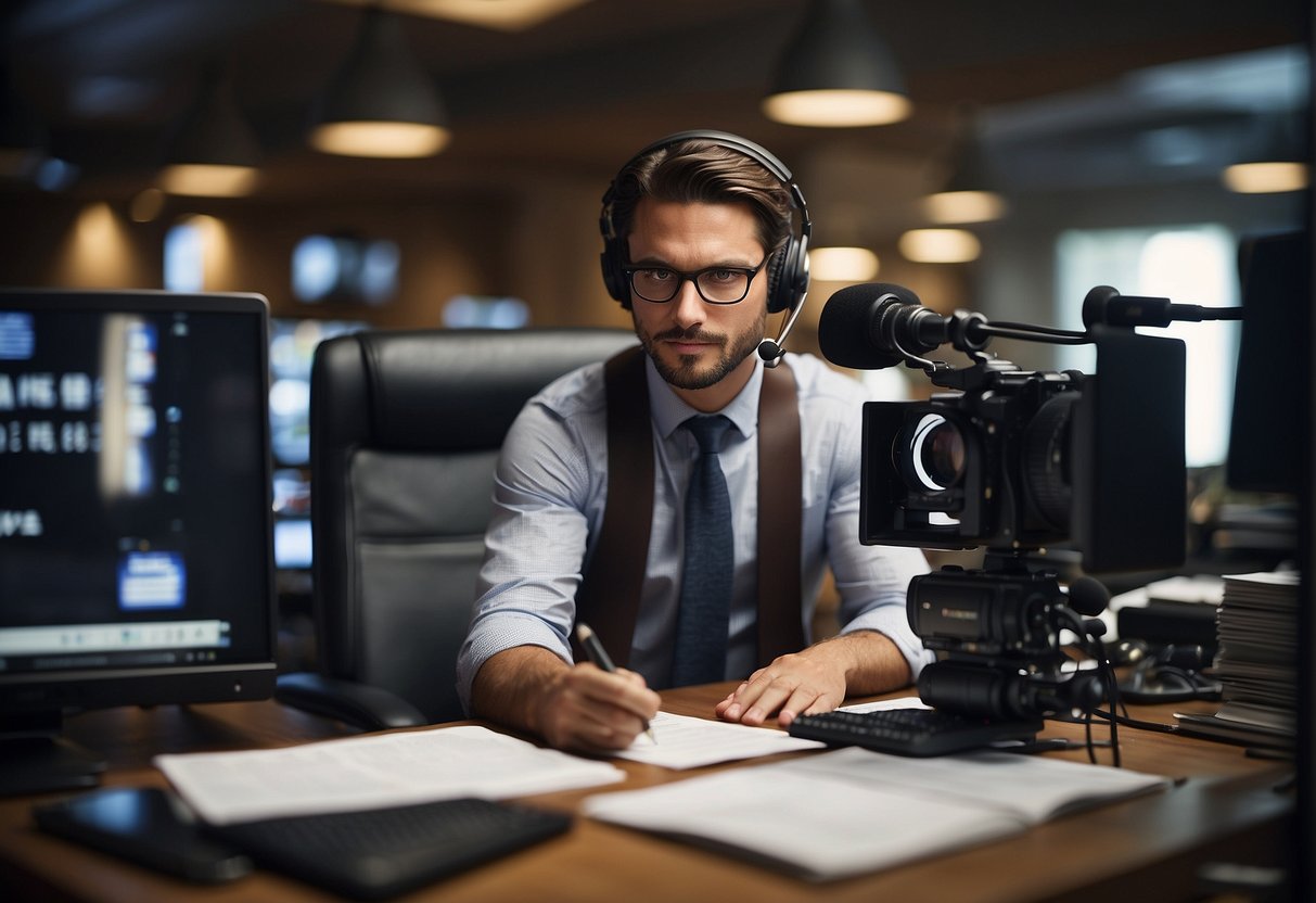 A sports journalist researching, interviewing, and writing articles
