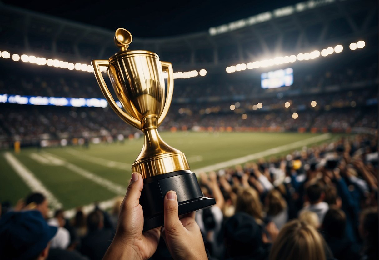 Crowds cheer at a stadium, cameras flash, and reporters broadcast live. Trophy gleams on the field