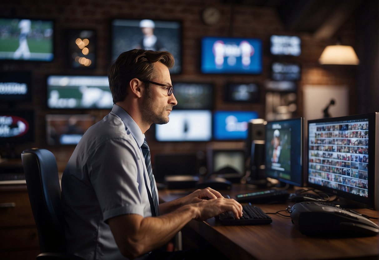 A journalist types furiously at a laptop, surrounded by a clutter of sports memorabilia and a wall of TV screens broadcasting various games