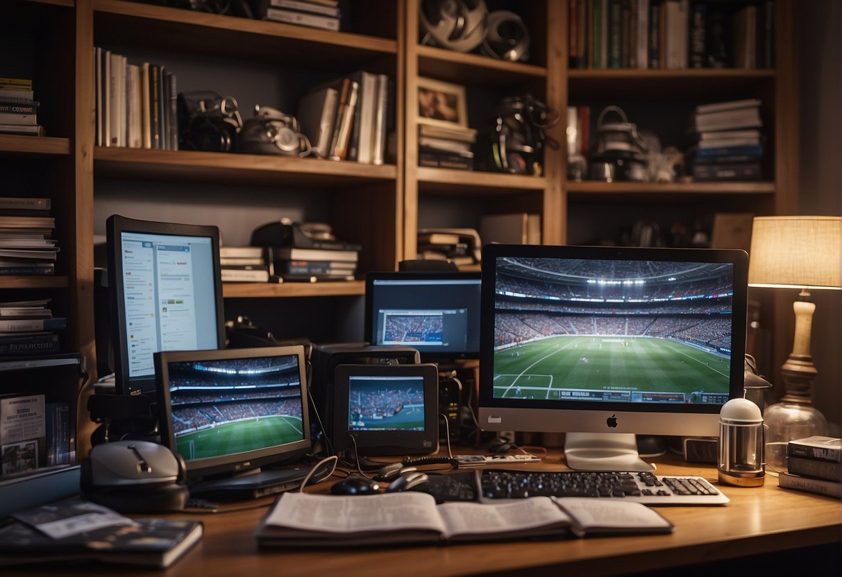 A cluttered desk with sports memorabilia, a computer with multiple screens, and shelves filled with books and magazines