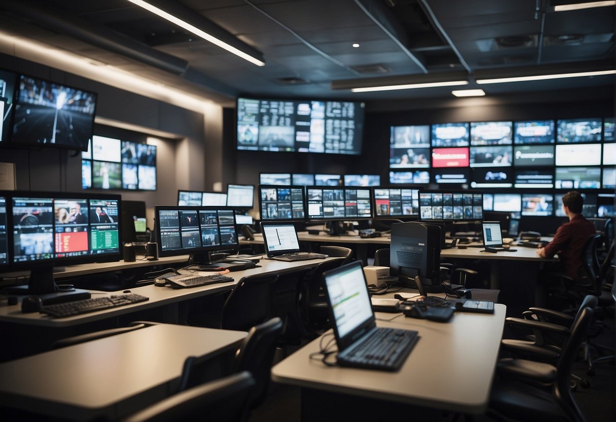 A bustling newsroom with empty desks and computer screens displaying "sports journalism vacancies" on a projector