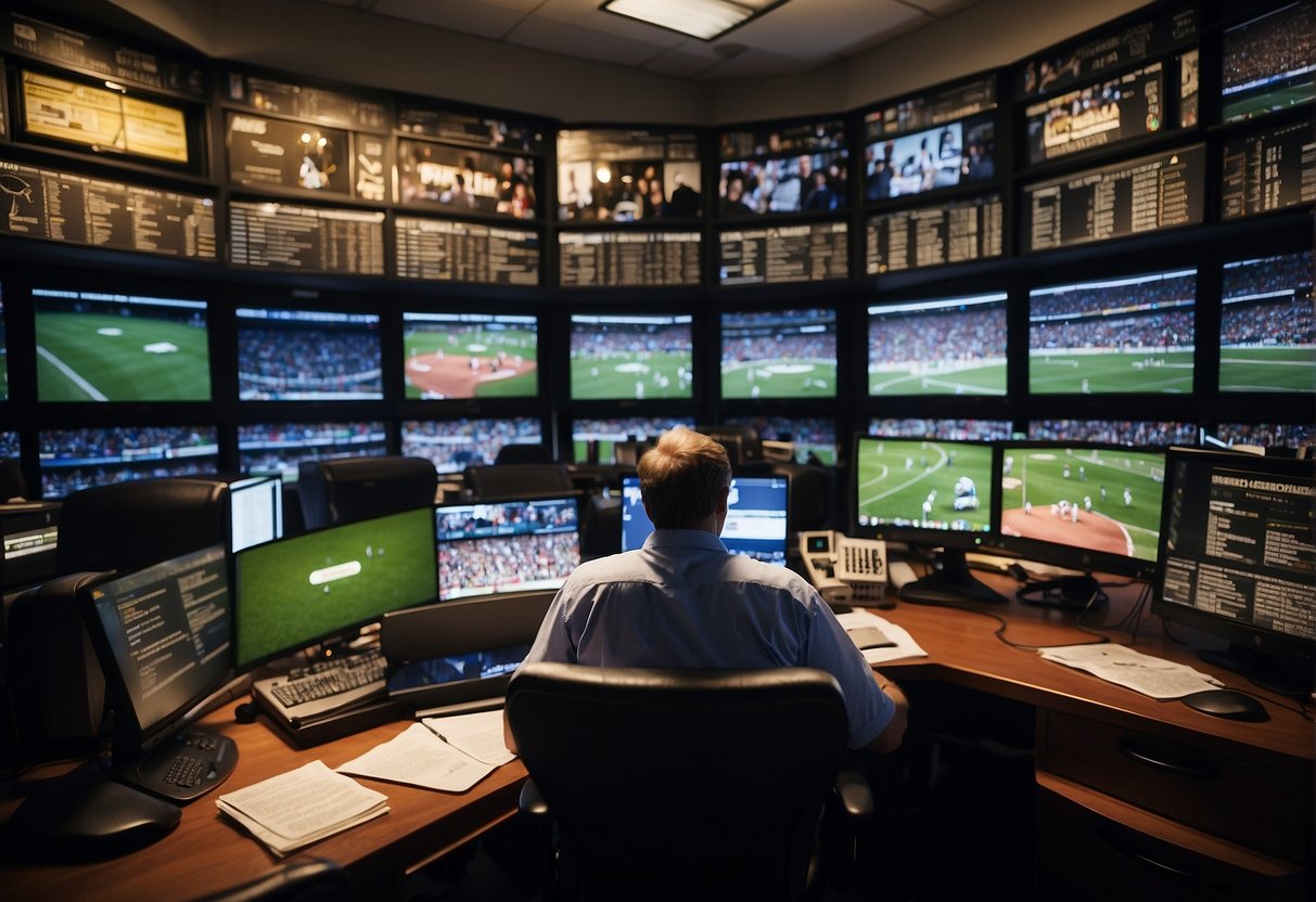 A sports journalist diligently researching, writing, and reporting on a game, with a backdrop of sports memorabilia and a bustling newsroom