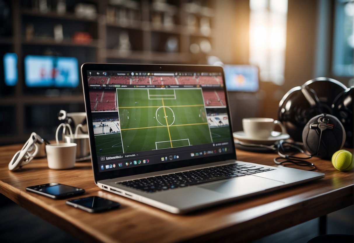 A laptop displaying various sports social media platforms, surrounded by digital devices and sports equipment