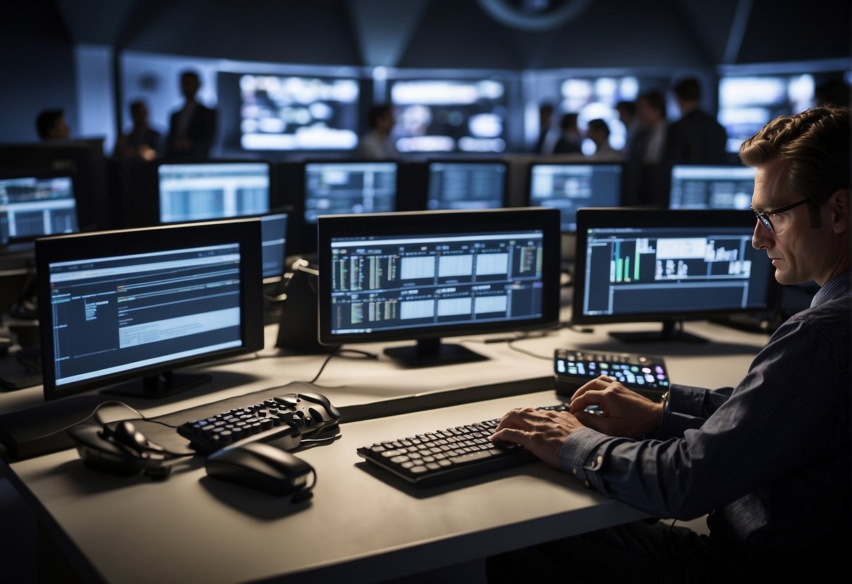 F1 journalists typing on laptops, surrounded by screens and digital devices, capturing the fast-paced and dynamic nature of reporting in the digital age