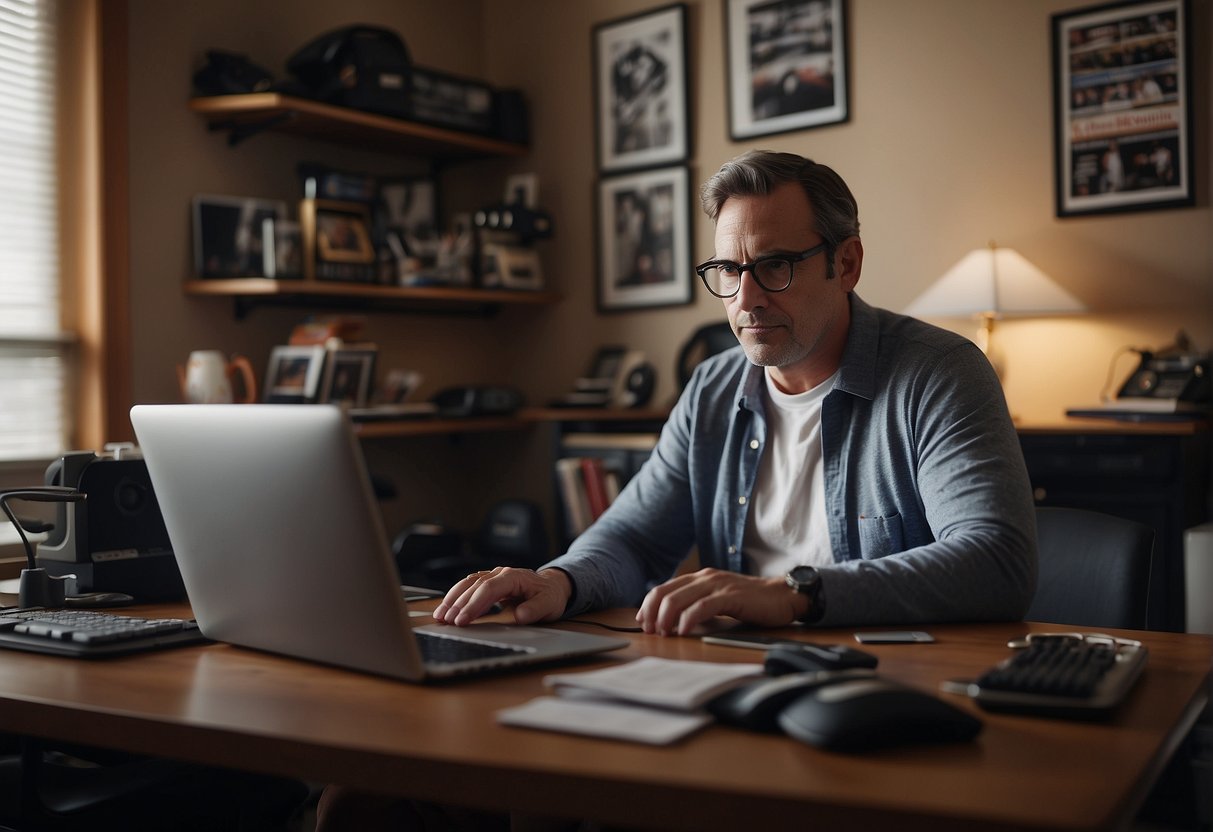 A busy sports writer typing on a laptop surrounded by sports equipment and memorabilia in a home office