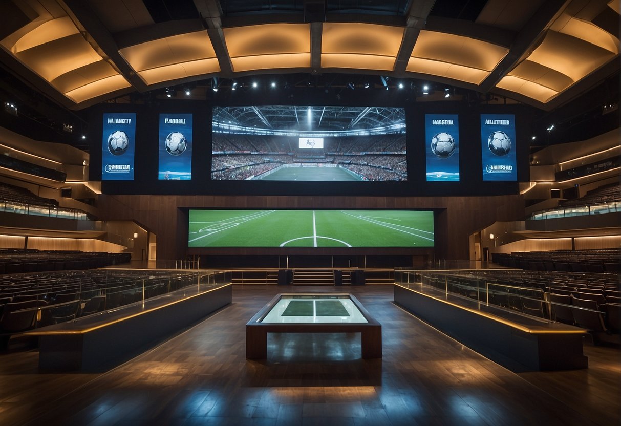A grand, modern hall with towering screens and historic memorabilia, celebrating the milestones of sports broadcasting