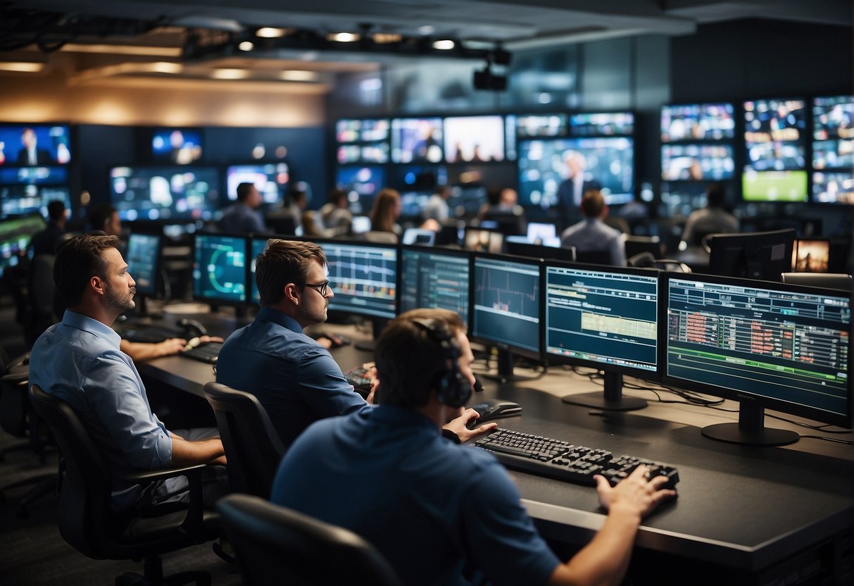 A bustling sports newsroom with reporters typing, cameras rolling, and screens displaying live games and stats