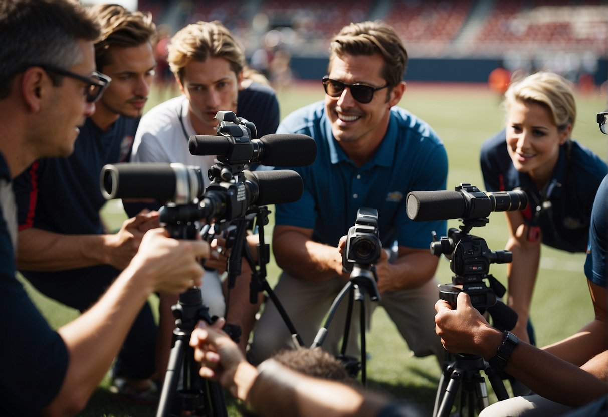 A group of journalists engage in hands-on training at a sports event, interviewing athletes and reporting on the action