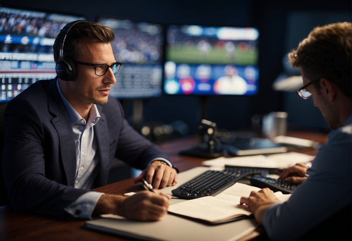 A sports journalist researching, interviewing athletes, attending games, and writing articles for publication