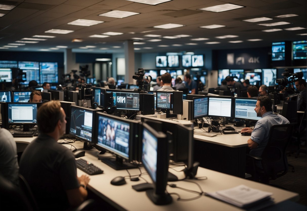 A bustling newsroom with journalists typing, cameras ready, and sports memorabilia adorning the walls. The atmosphere is lively and energetic, with a sense of passion for capturing the excitement of sports through words and images