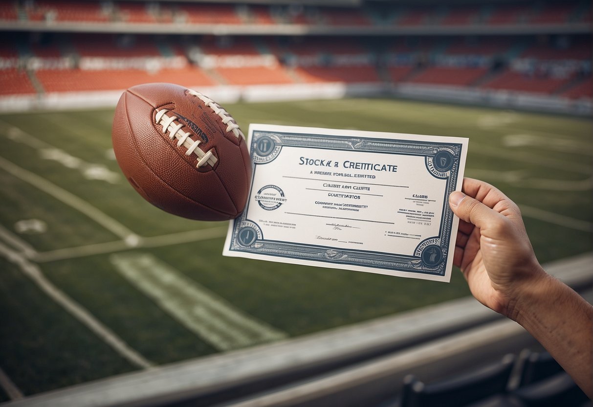 A person holding a football journalism degree certificate with a football field and stadium in the background