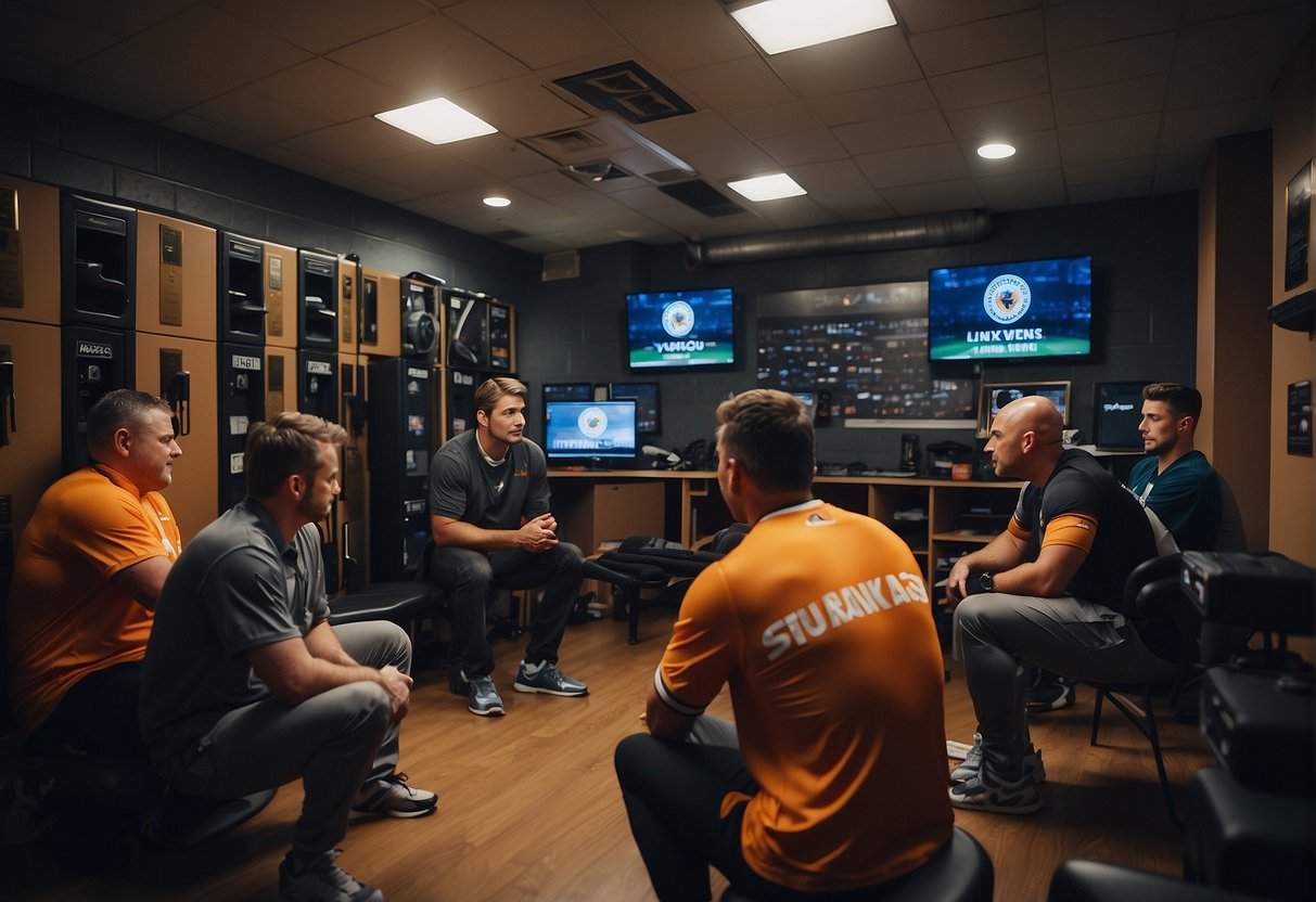 A sports journalist interviews athletes in a bustling locker room, surrounded by equipment and team logos