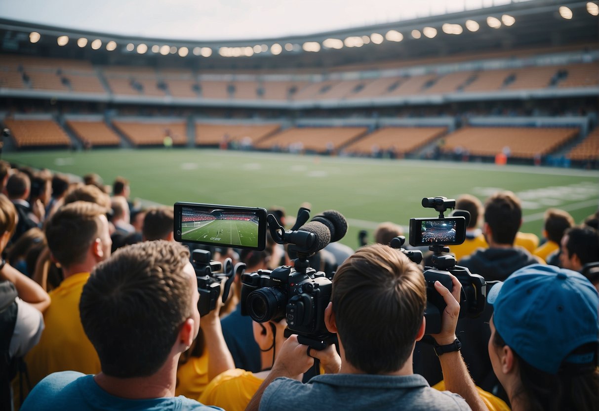 A football stadium filled with reporters and cameras capturing the action on the field during a practical training and experience session for football journalism degree students