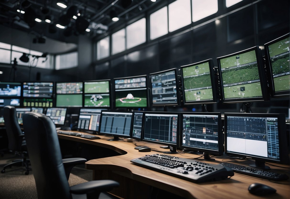 A network of satellite dishes and antennas transmit signals from a control room to various sports venues, with cables and equipment connecting the broadcasting infrastructure