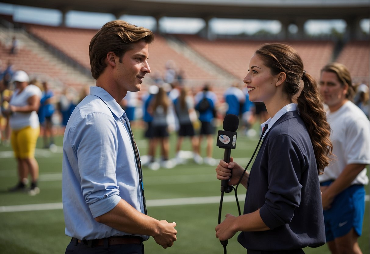 A student journalist interviews athletes at a sports event for an internship with Educational Pathways