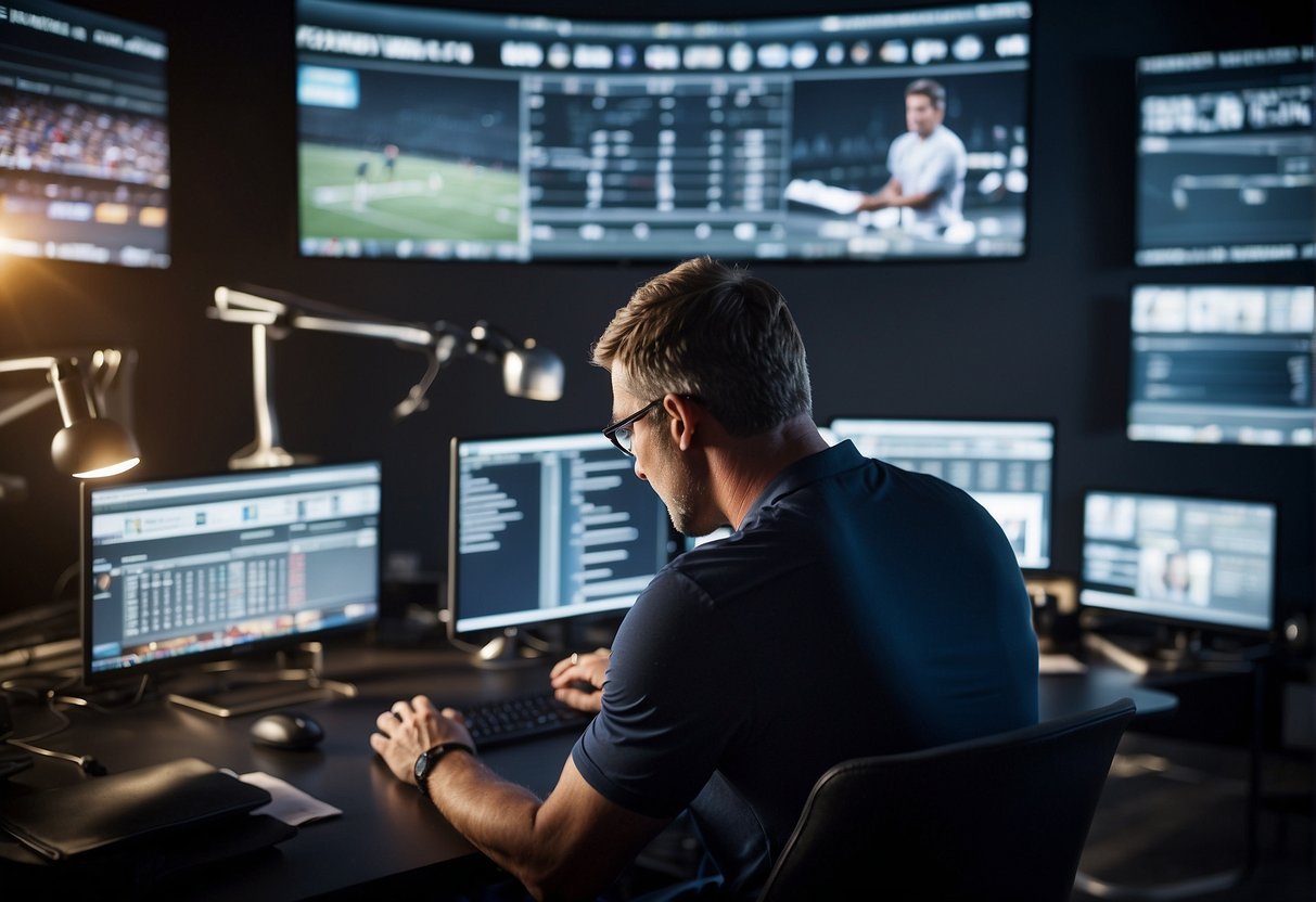 A sports journalist types on a laptop while watching a live game on a large screen, surrounded by various technological devices and screens displaying stats and analysis