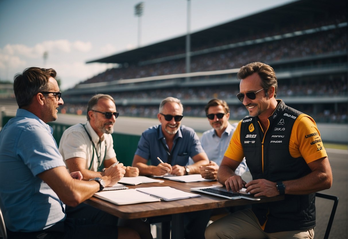 A group of f1 journalists gather around a bustling race track, taking notes and capturing the excitement of the event