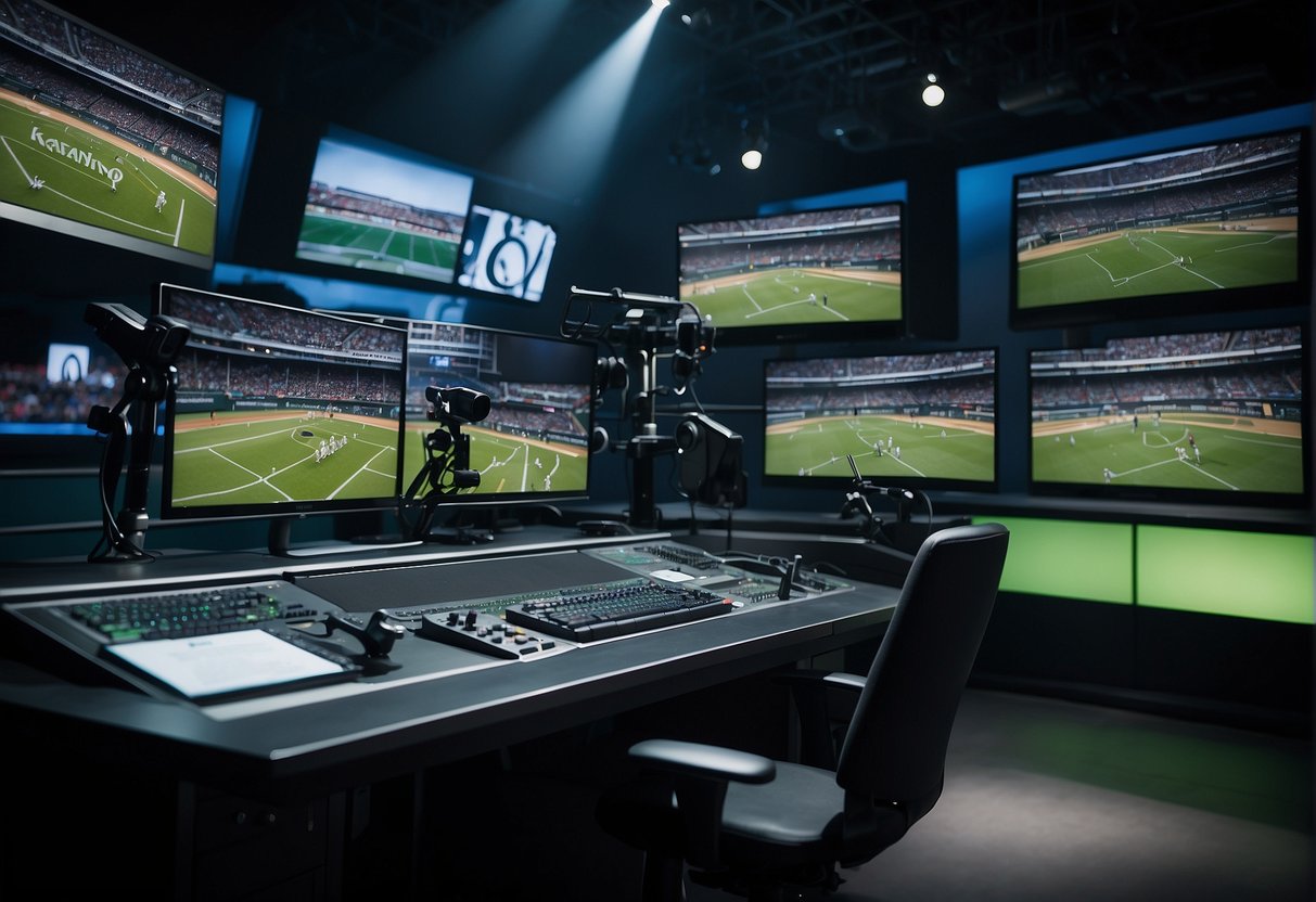 A sports broadcast studio with multiple high-tech cameras and screens displaying live games. An anchor desk with microphones and a green screen for virtual graphics