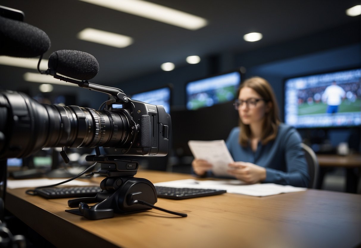 Sports journalists research, write, and report on sports news. Salaries vary based on experience and location. Illustrate a newsroom with journalists at work