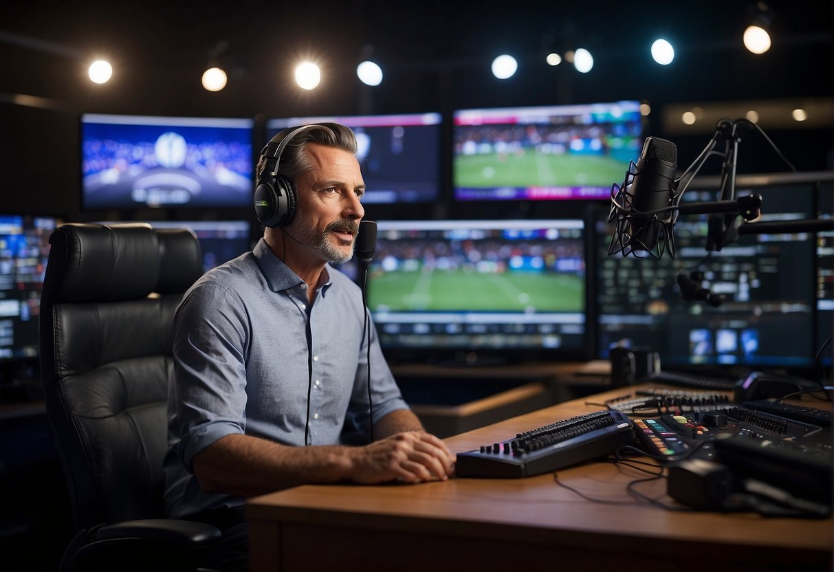 A sports broadcaster sits at a desk with a microphone, surrounded by screens showing various sports events. A logo of a sports network is prominently displayed in the background