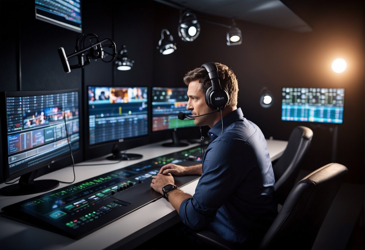 A sports broadcaster in a studio, with a microphone and headphones, surrounded by screens showing live games and statistics