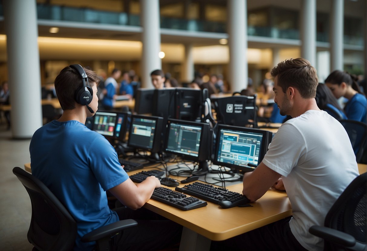A bustling college campus with students in sports gear, surrounded by state-of-the-art broadcasting equipment and facilities