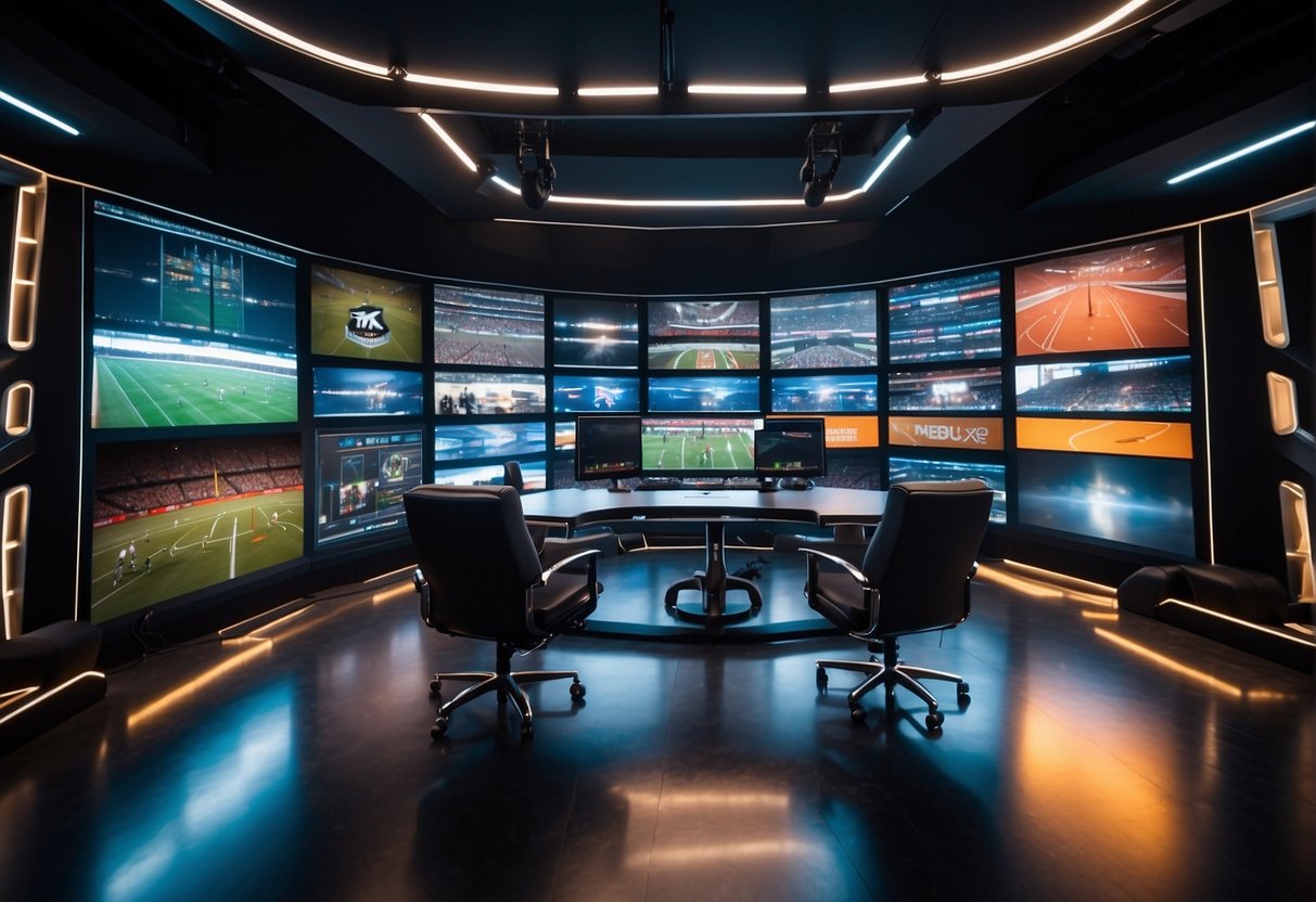 A dynamic, futuristic sports media studio with cutting-edge technology and innovative equipment. Bright lights illuminate the sleek, modern space, showcasing the latest advancements in sports media technology