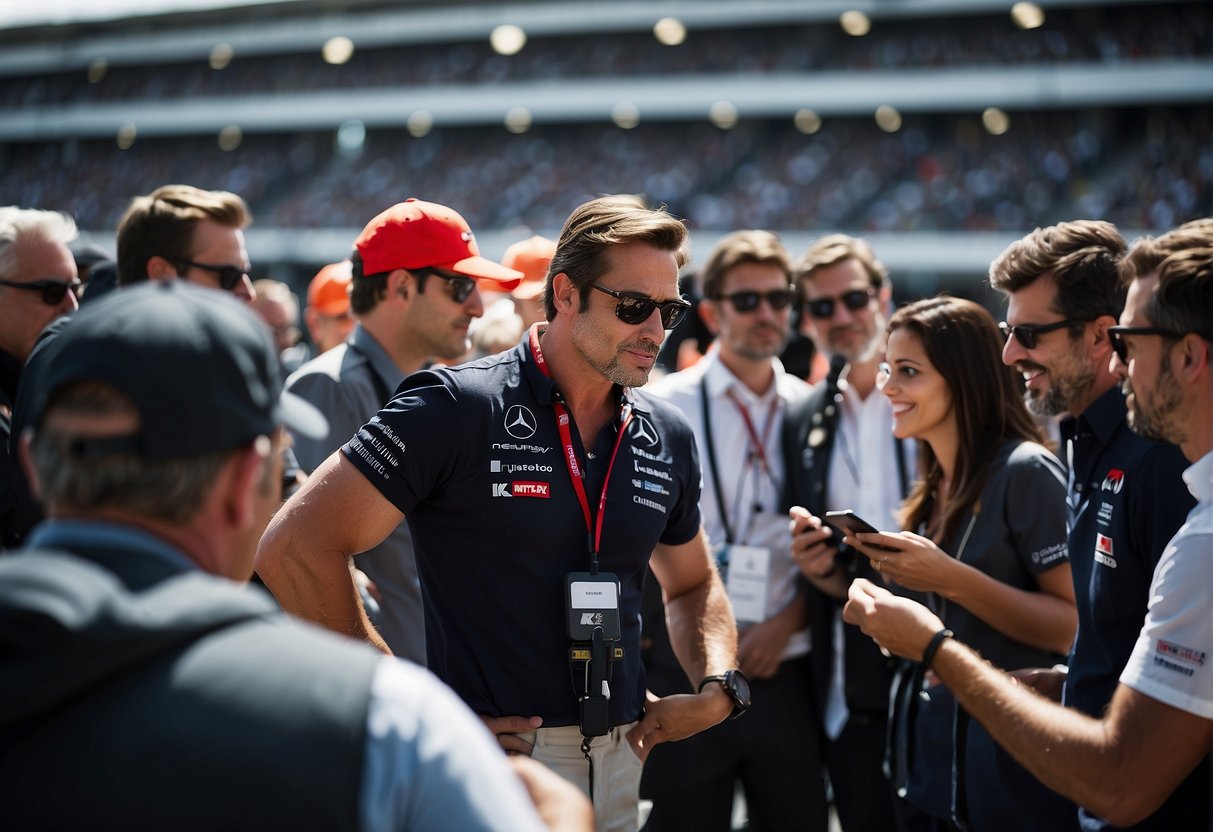 A group of f1 journalists gather around the pit lane, taking notes and interviewing team members. The roar of engines fills the air