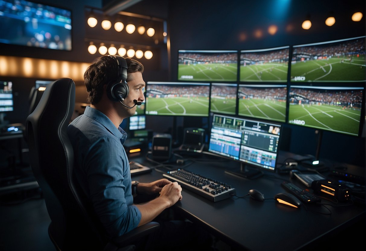 A sports broadcasting major commentates on a live game from a professional studio, surrounded by monitors and equipment