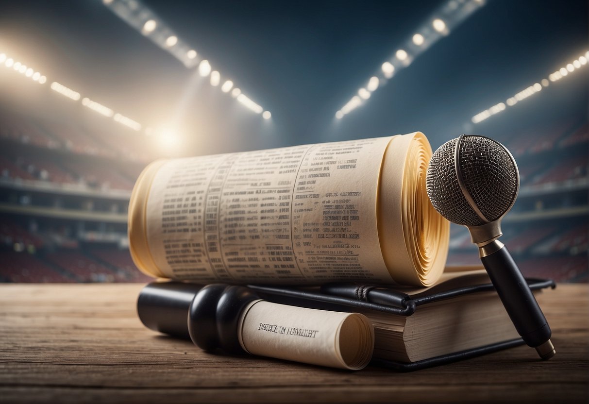 A person holding a diploma with "Degree in Sports Journalism" written on it, surrounded by sports equipment and a microphone
