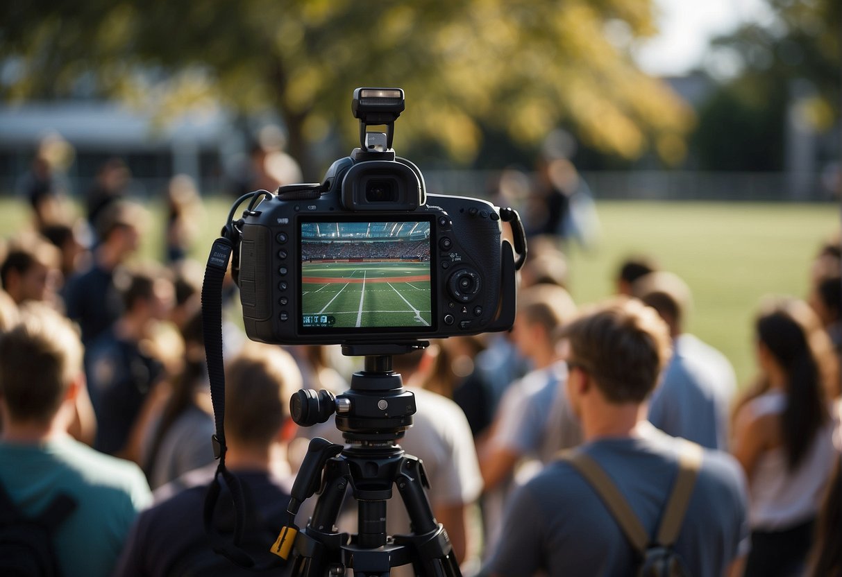 A college campus with students playing various sports, surrounded by broadcasting equipment and media personnel capturing the action