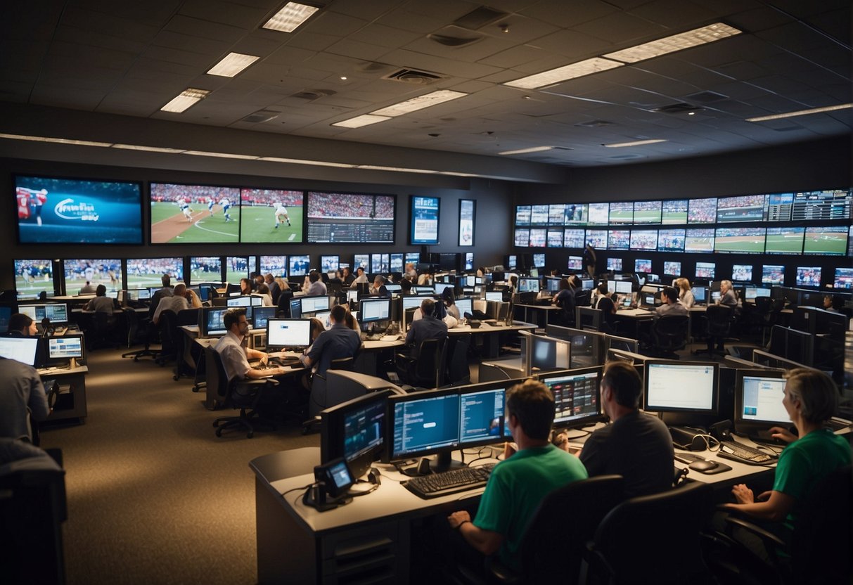 A bustling sports newsroom with reporters typing, cameras flashing, and editors discussing headlines. Sports memorabilia adorns the walls, and a TV displays live games