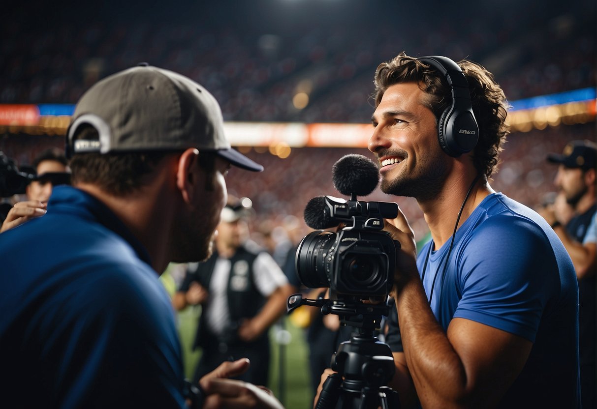 A sports journalist interviews athletes in a crowded stadium, capturing the energy and excitement of the game