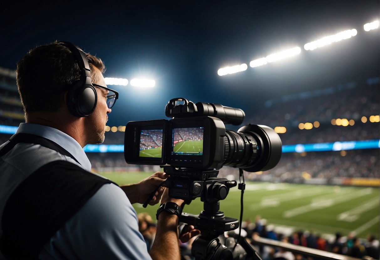 A sports journalist reports from a crowded stadium, capturing the intensity and excitement of the game. The bright lights and roaring crowd create a dynamic backdrop for the broadcast
