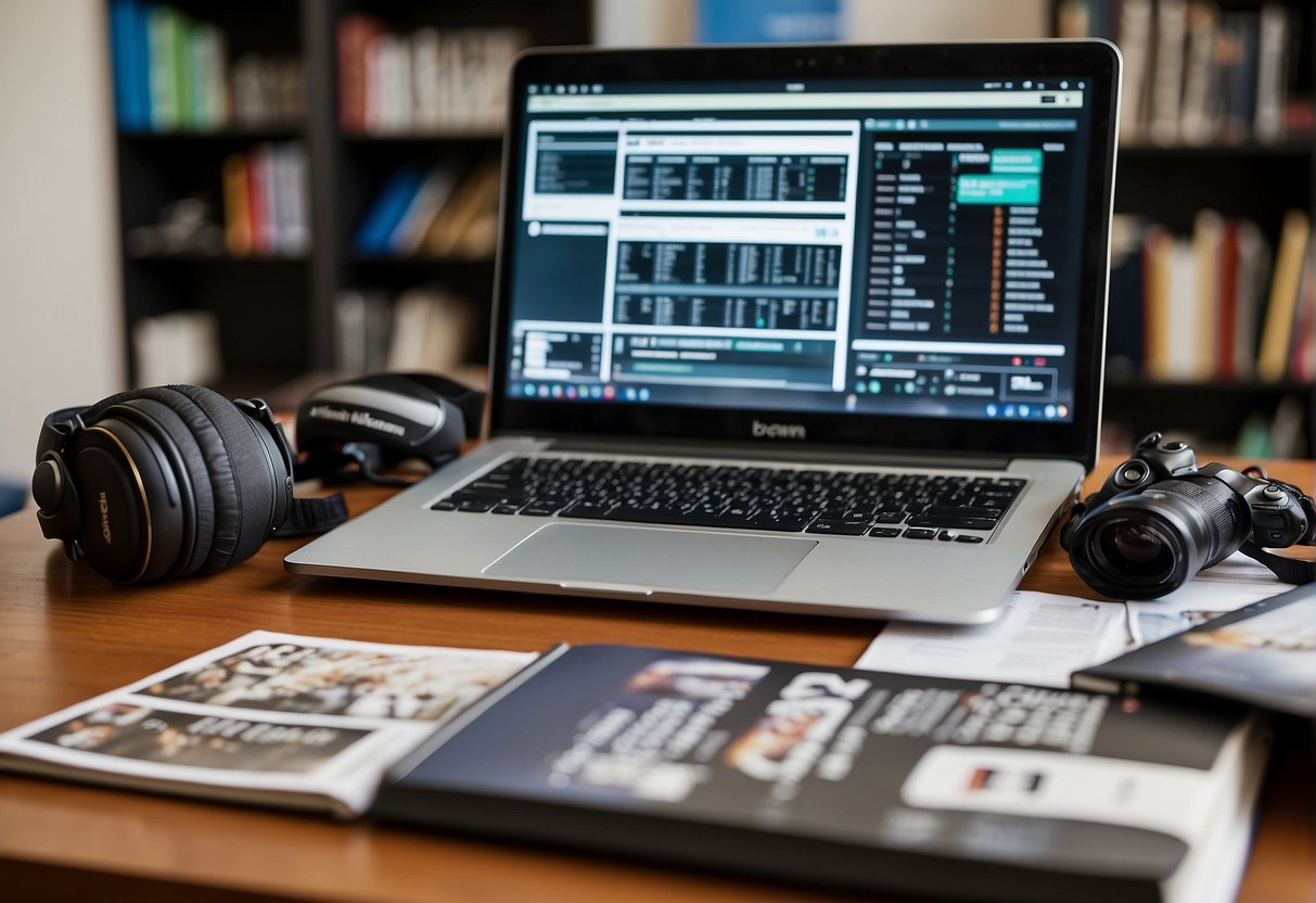 A student studies sports journalism materials, surrounded by textbooks, a laptop, and sports memorabilia