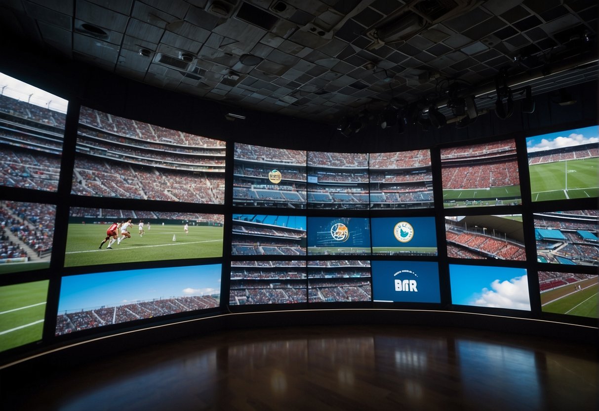 Different landscapes with sports stadiums, TV broadcasting equipment, and varying pay scales displayed on screens