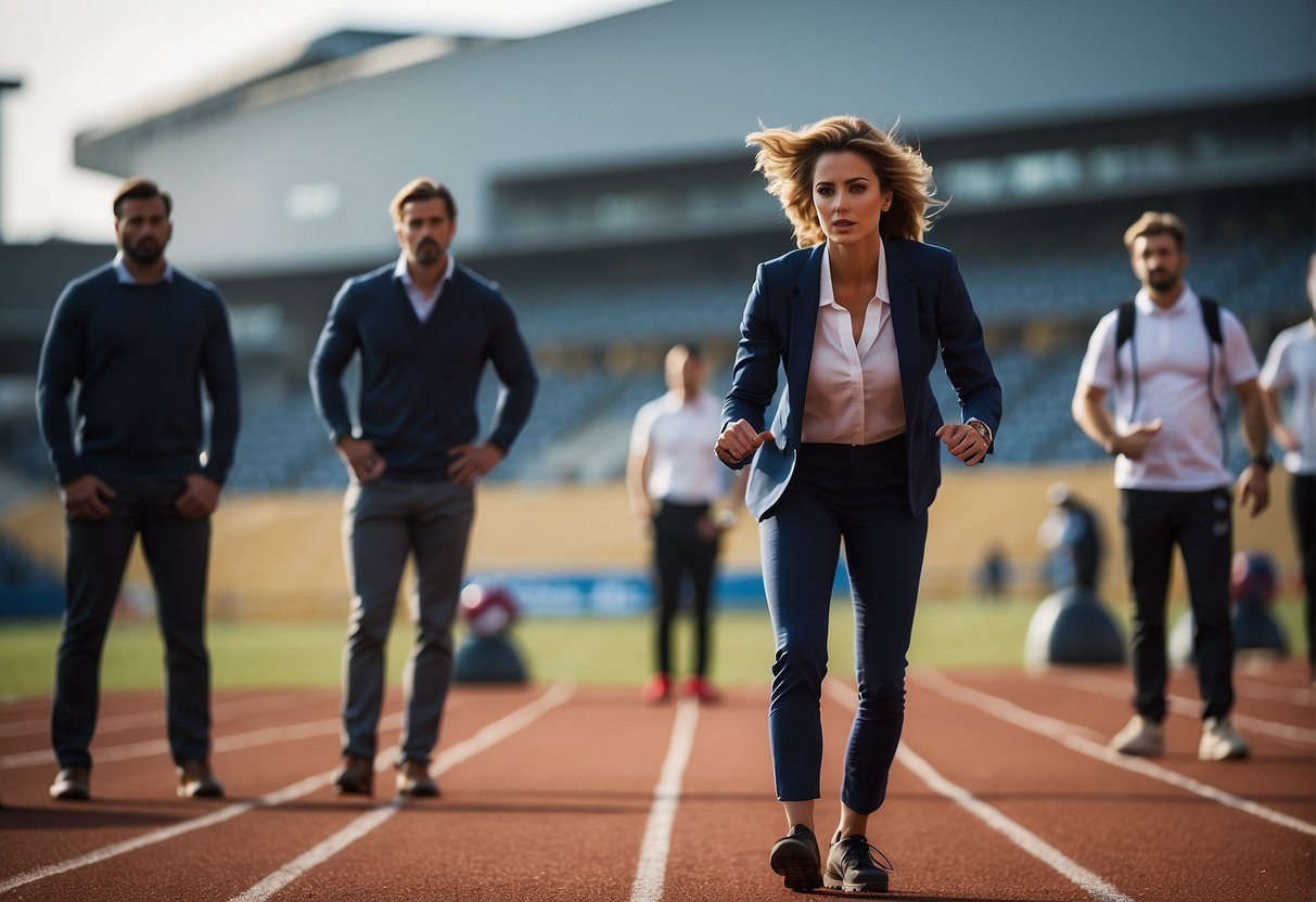 Female sports journalist facing obstacles, surrounded by male colleagues